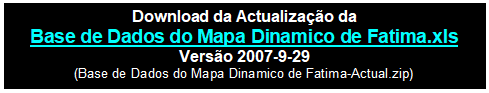 Caixa de texto: Download da Actualização da
Base de Dados do Mapa Dinamico de Fatima.xls
Versão 2007-9-29
(Base de Dados do Mapa Dinamico de Fatima-Actual.zip)
